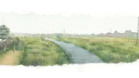 Watercolour illustration of a winding water channel through green fields with pylons in the distance