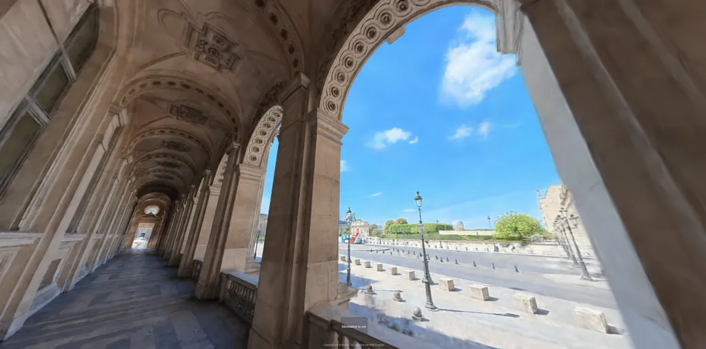 Vaulted stone colonnade with arches opening onto a sunlit courtyard and distant monument