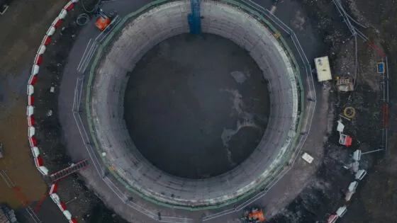 Aerial view of a large circular construction site with machinery and barriers