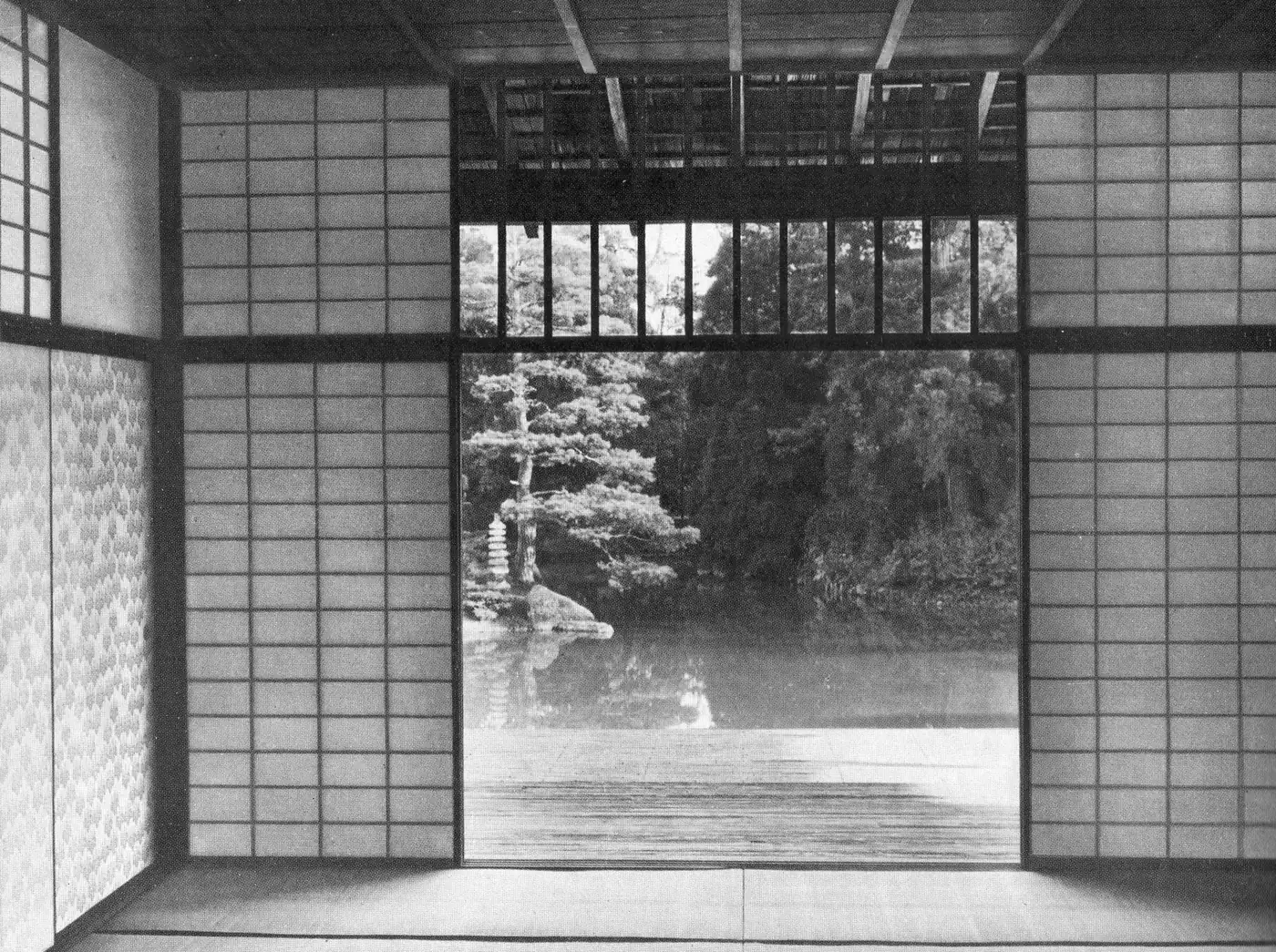 View from the Old Shoin at Katsura Imperial Villa through open shoji and across the veranda to the pond