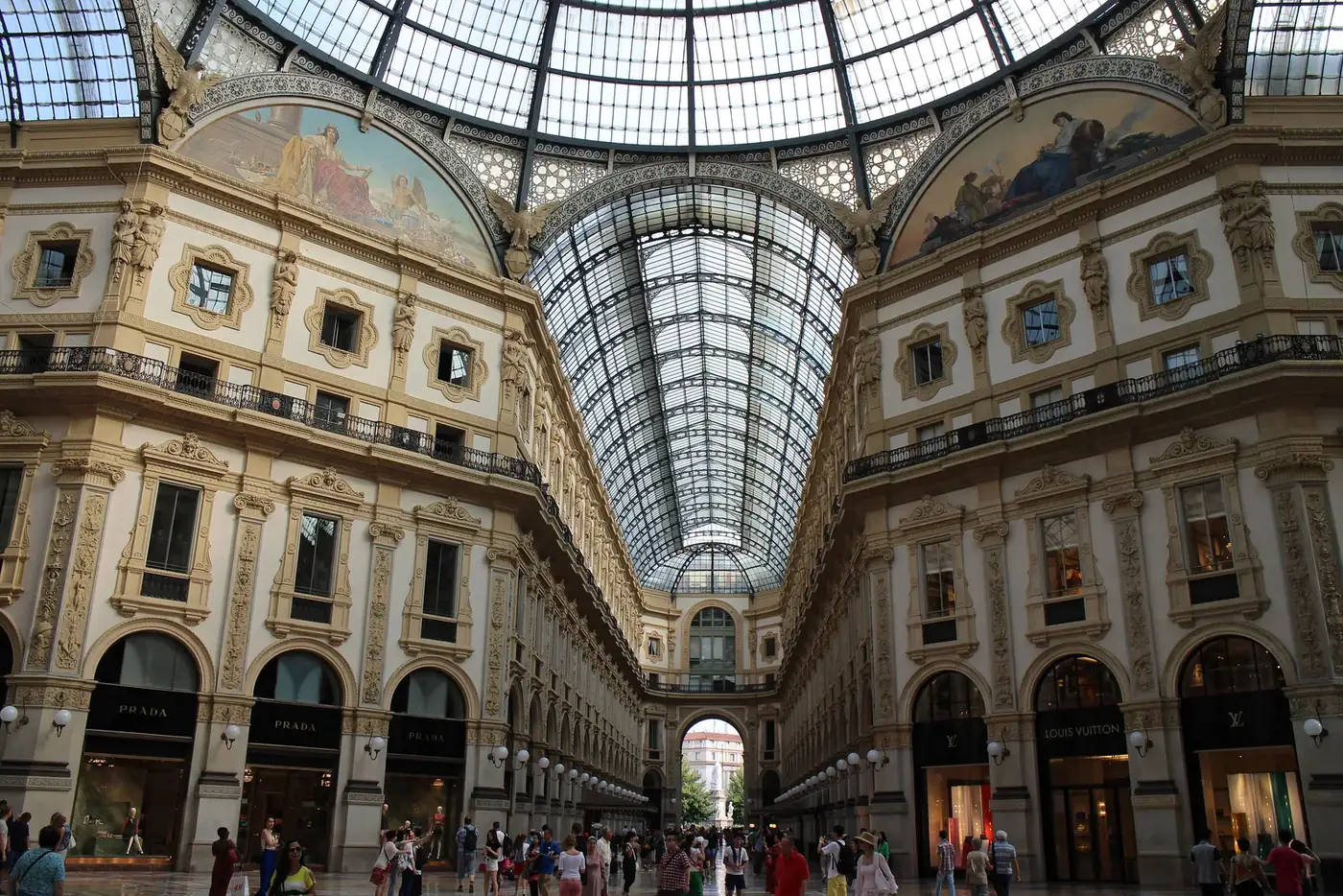 Glass vaults and central octagon of the Galleria Vittorio Emanuele II in Milan, a roofed street between two piazzas