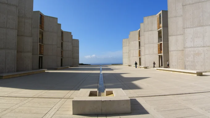 Liminal space at the Salk Institute: Louis Kahn's travertine courtyard and water channel running toward the Pacific