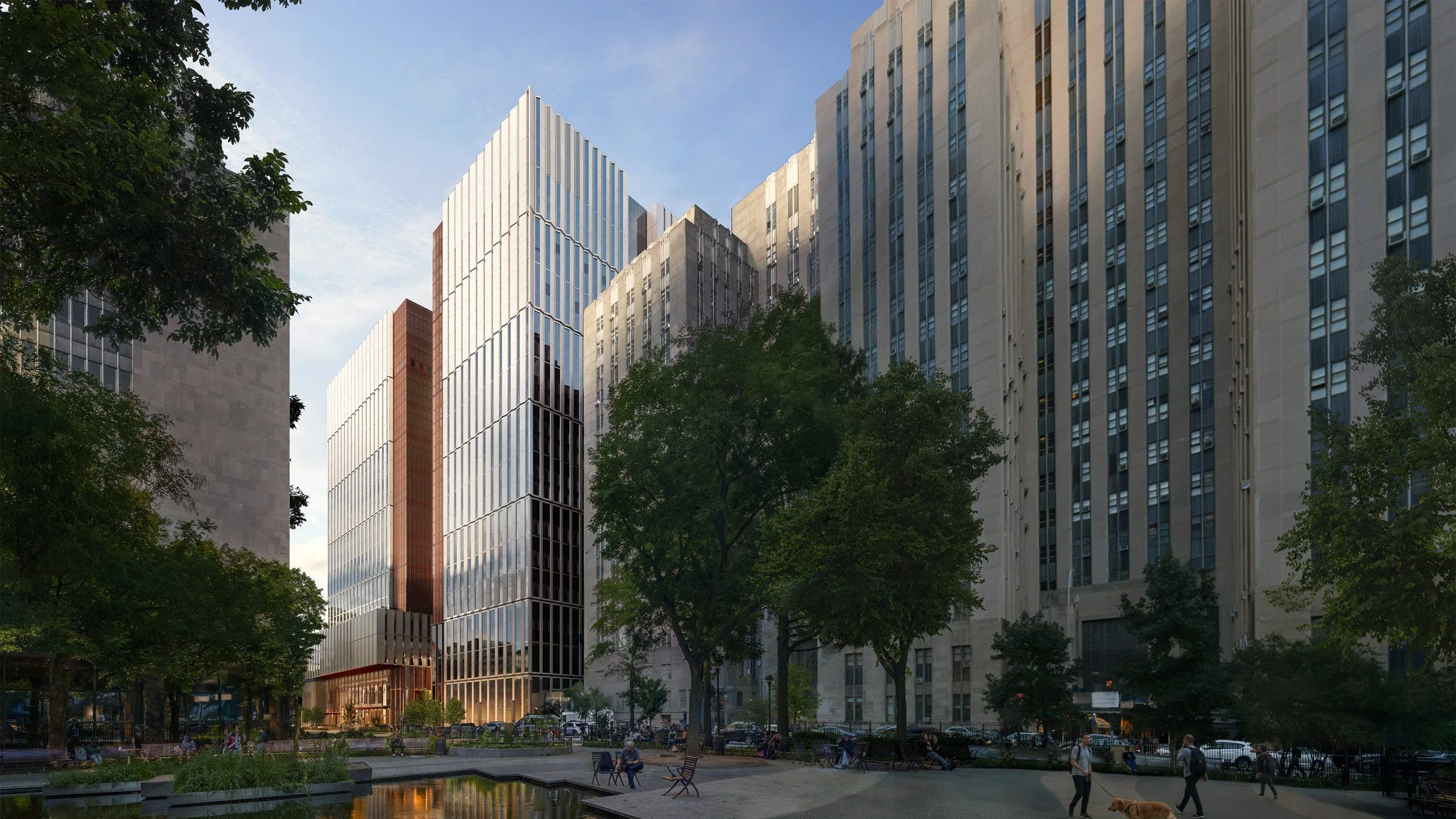 Street-level rendering of a glass and brick tower set among older high-rise buildings and a park