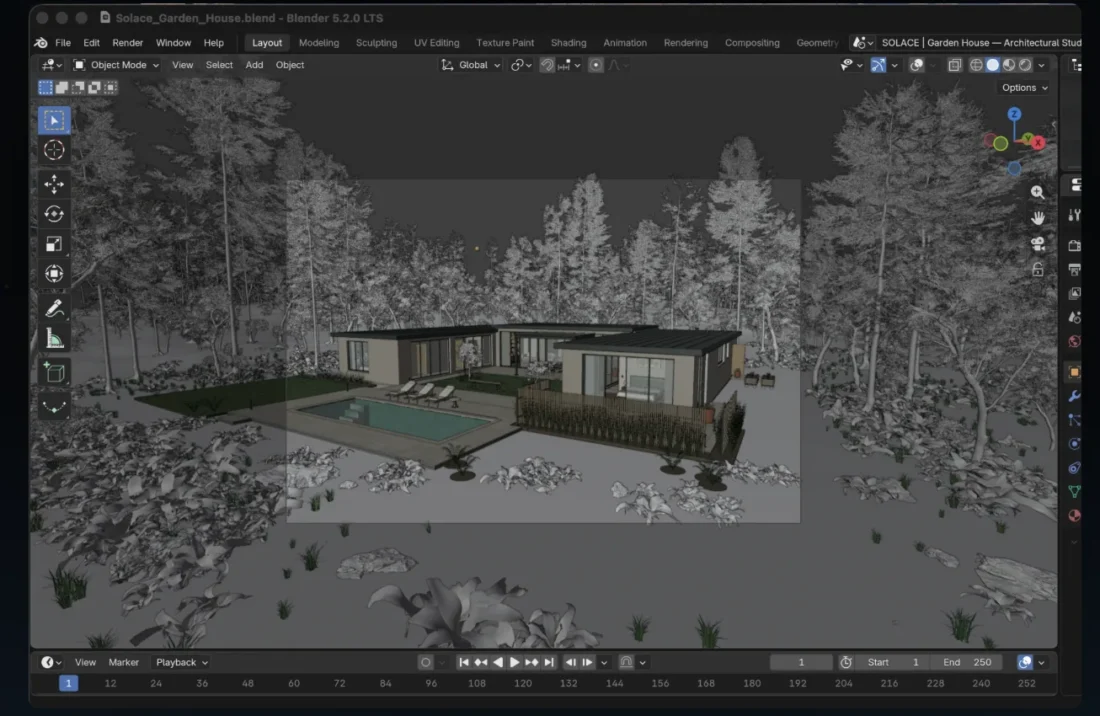 Blender 3D editor showing a modeled house with pool surrounded by wireframe trees and rocks