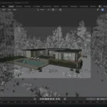 Blender 3D editor showing a modeled house with pool surrounded by wireframe trees and rocks