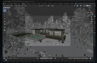 Blender 3D editor showing a modeled house with pool surrounded by wireframe trees and rocks