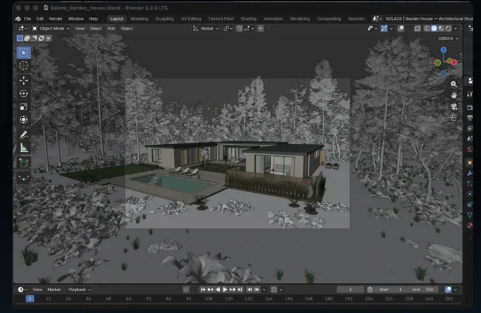 Blender 3D editor showing a modeled house with pool surrounded by wireframe trees and rocks