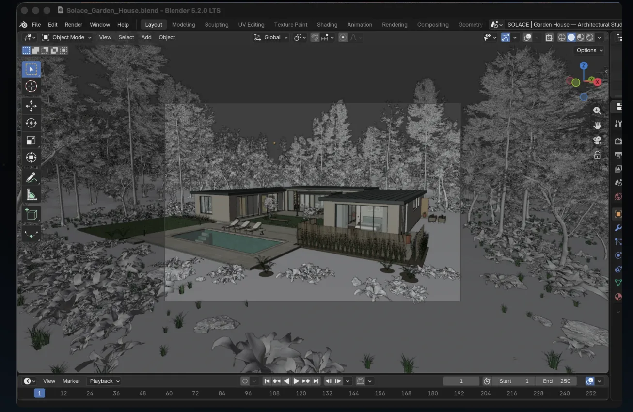 Blender 3D editor showing a modeled house with pool surrounded by wireframe trees and rocks
