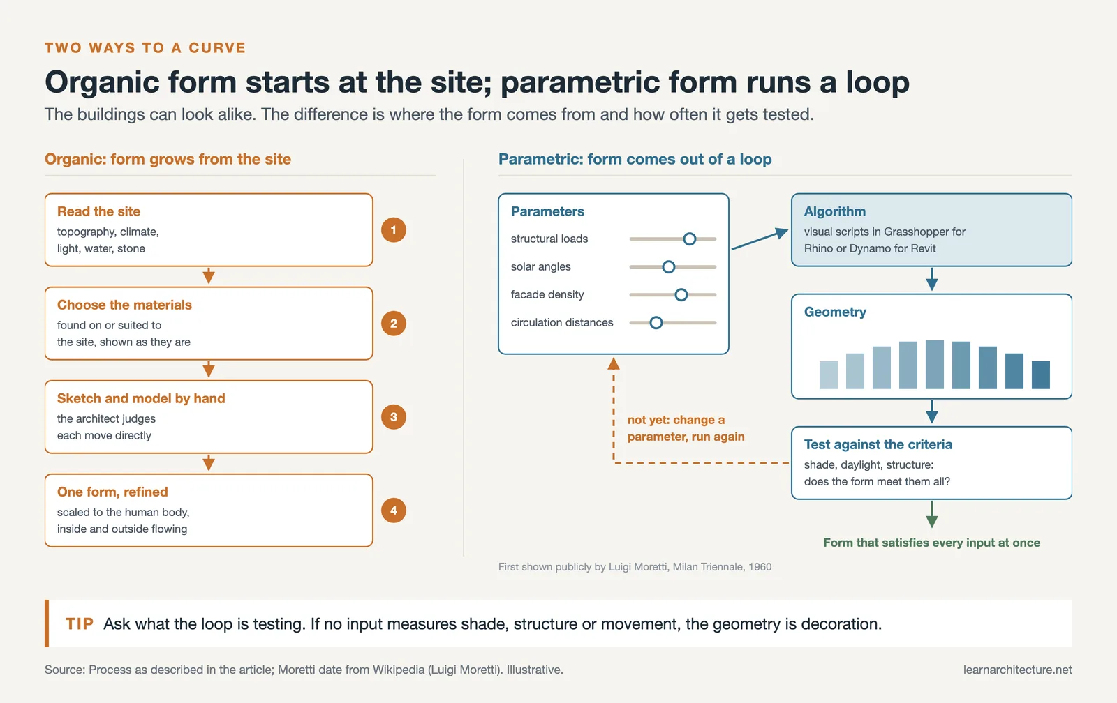 Organic design as four steps from site to form beside a parametric loop of parameters, algorithm, geometry and testing