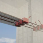 3D rendering of a beam-column joint with red steel connectors and reinforcing bars against a faint building outline