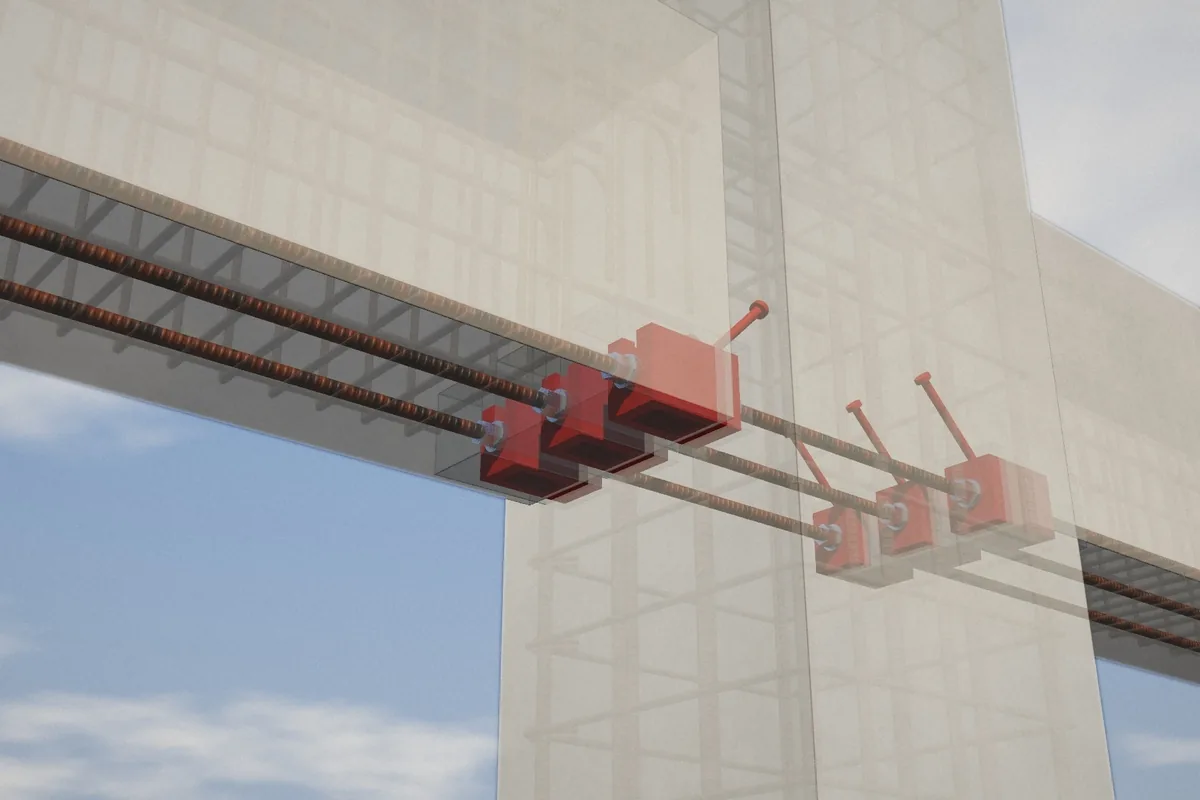 3D rendering of a beam-column joint with red steel connectors and reinforcing bars against a faint building outline