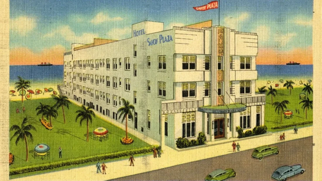 Vintage postcard illustration of a white Art Deco hotel with a rooftop sign reading Savoy Plaza, palm trees and beach