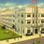 Vintage postcard illustration of a white Art Deco hotel with a rooftop sign reading Savoy Plaza, palm trees and beach