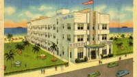 Vintage postcard illustration of a white Art Deco hotel with a rooftop sign reading Savoy Plaza, palm trees and beach