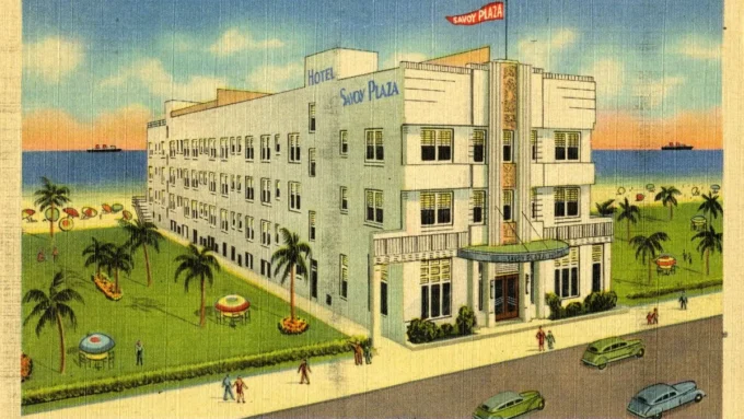 Vintage postcard illustration of a white Art Deco hotel with a rooftop sign reading Savoy Plaza, palm trees and beach