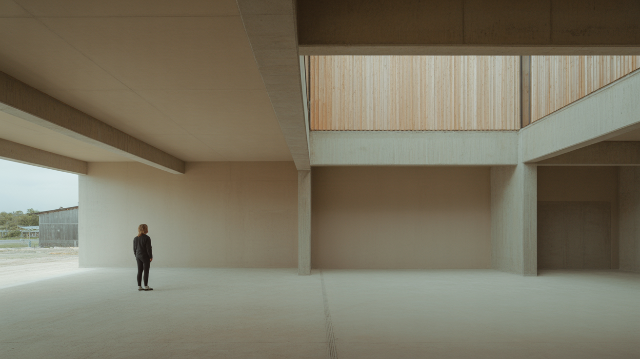 A single person standing alone in a large bare concrete hall, small against the height of the space, giving it scale
