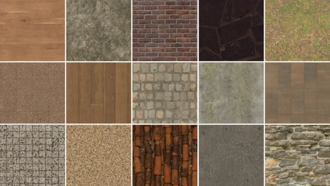 Fifteen seamless textures from Poly Haven at the same 1 m scale: wood, concrete, brick, stone, grass and tile