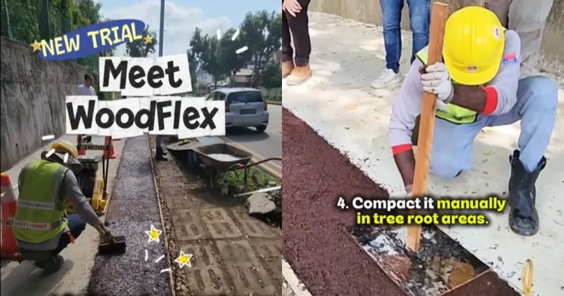 Split image of a worker laying reddish-brown pavement beside a road and another compacting it by hand with a tool