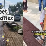 Split image of a worker laying reddish-brown pavement beside a road and another compacting it by hand with a tool