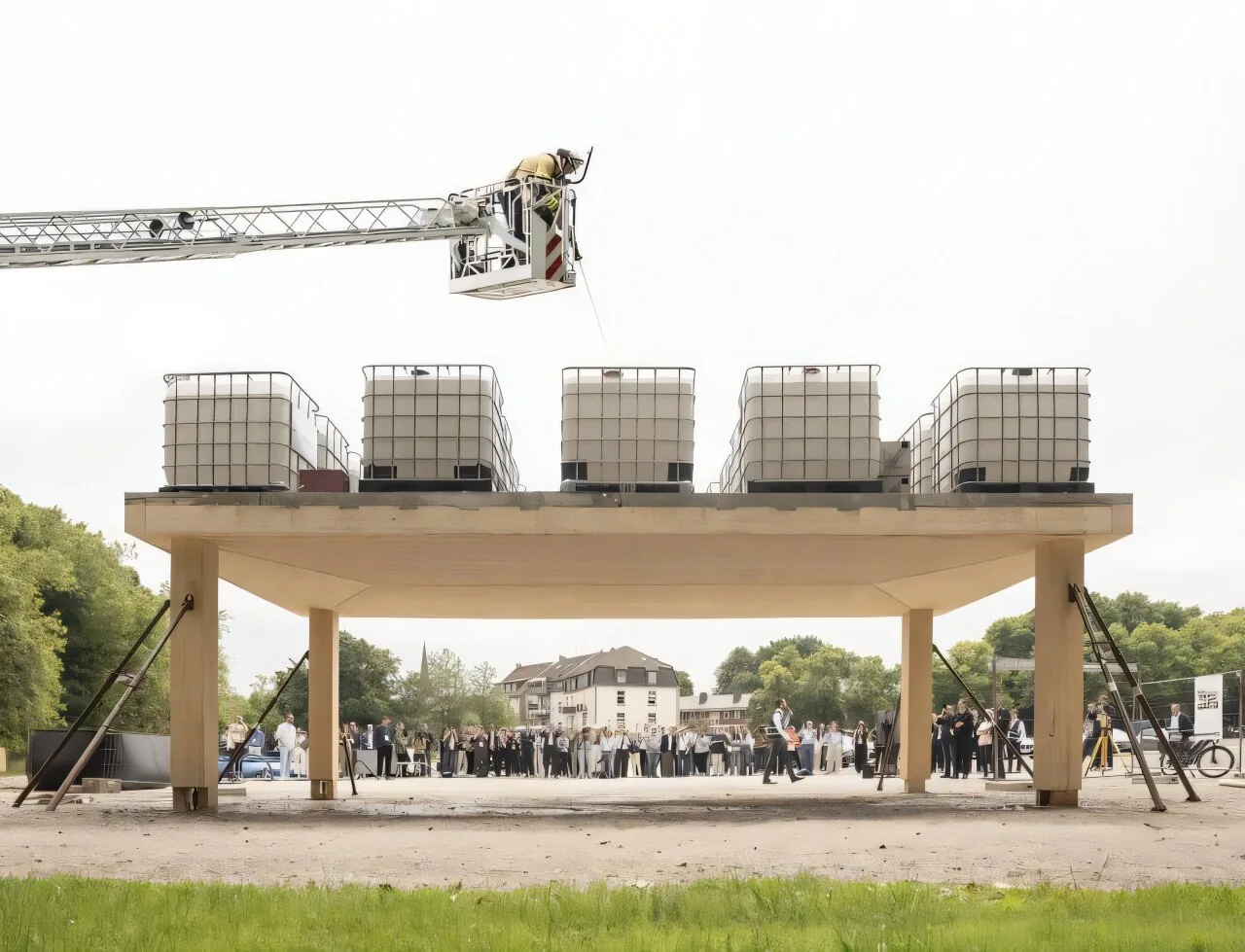 A crowd watches a flat concrete-topped platform on wooden columns, loaded with stacked water tanks, as a crane worker