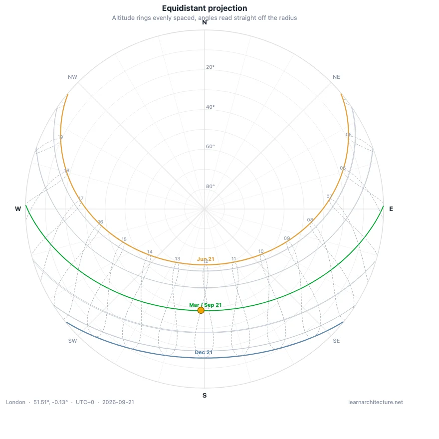 Sun path diagram drawn in equidistant projection, with evenly spaced altitude rings so angles read straight off the radius