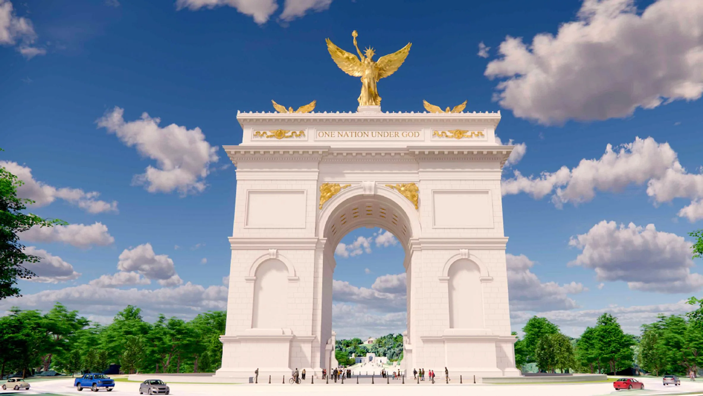 Rendering of a white stone arch topped with a golden eagle statue and inscription reading 'One Nation Under God'