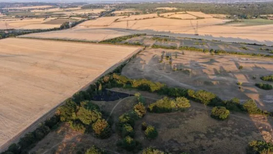 Aerial view of dry farmland with sparse vegetation