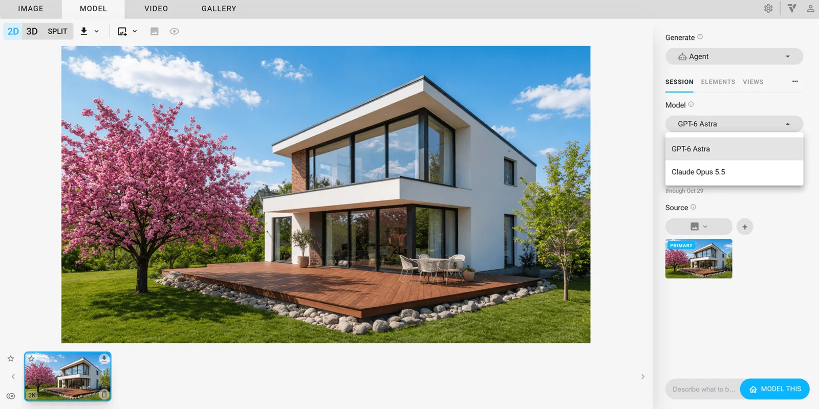 Veras interface showing a modern white house image and a model menu listing GPT-6 Astra and Claude Opus 5.5