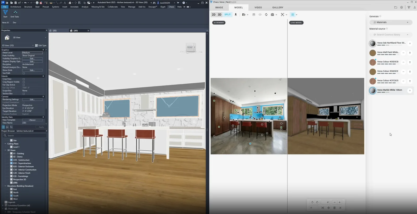 Revit kitchen model beside Veras panels showing material variations and generated finishes