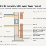 Brick veneer wall section from footing to parapet, with each layer noted from the outside in