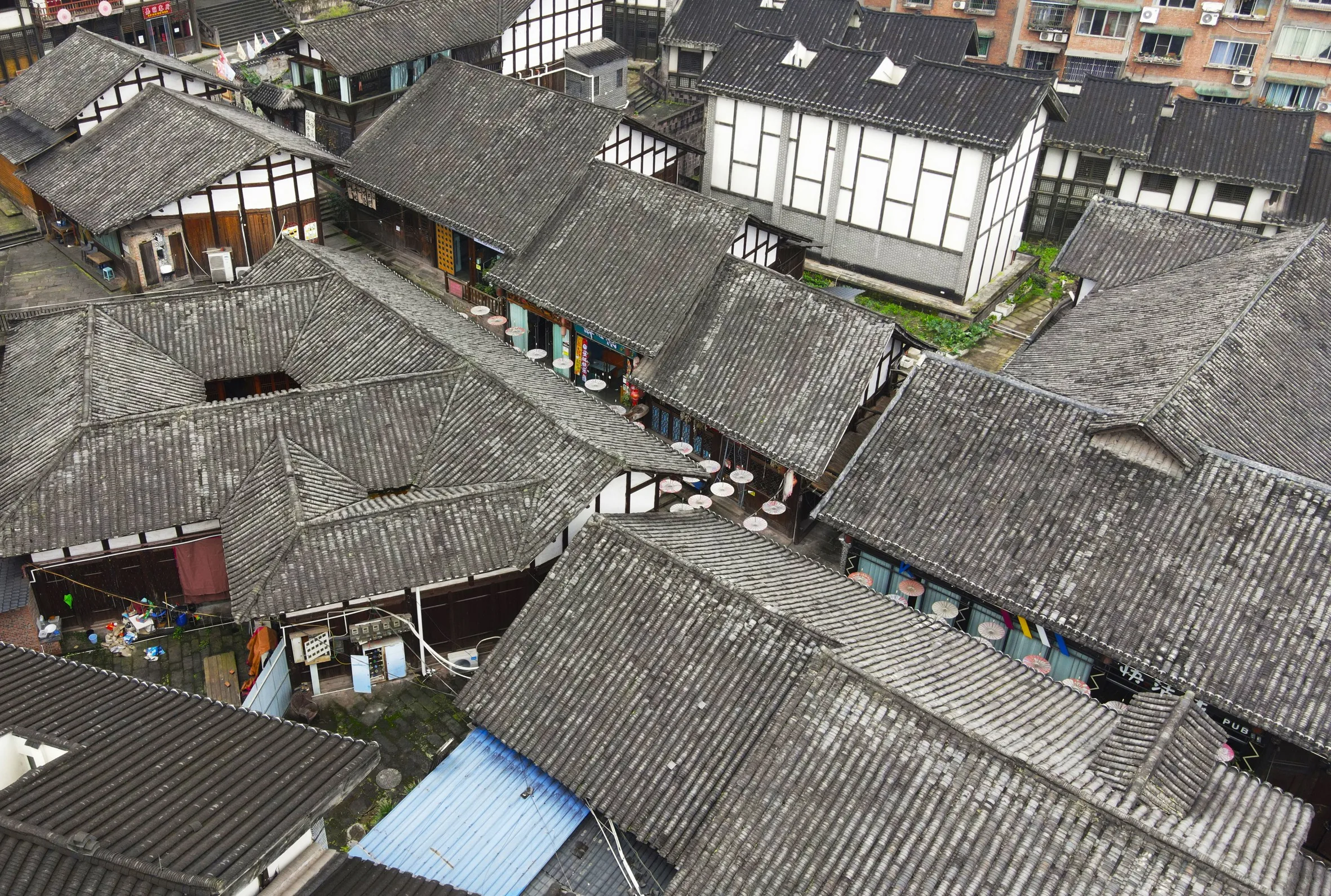 Aerial view of interconnected traditional Chinese buildings