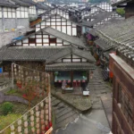 Traditional Chinese buildings with tiled roofs and lush greenery