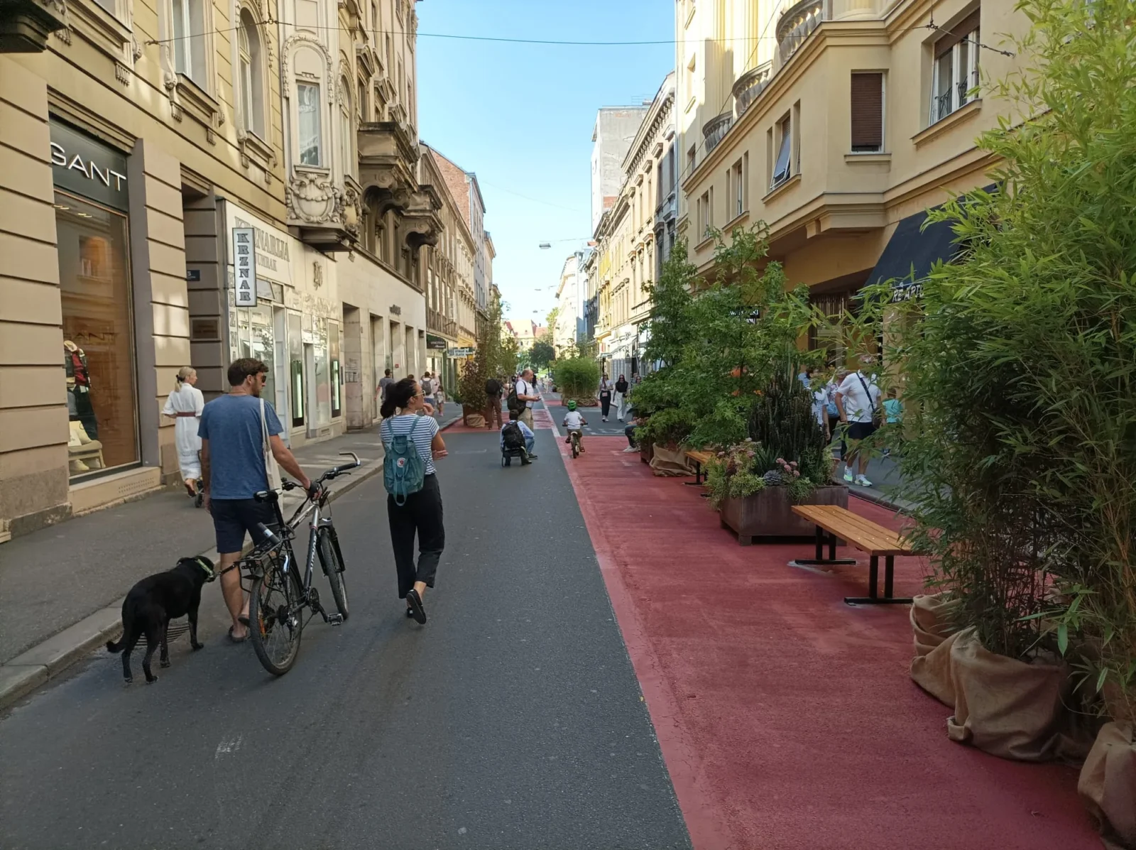 Street scene with pedestrians, cyclists, and greenery on a central road
