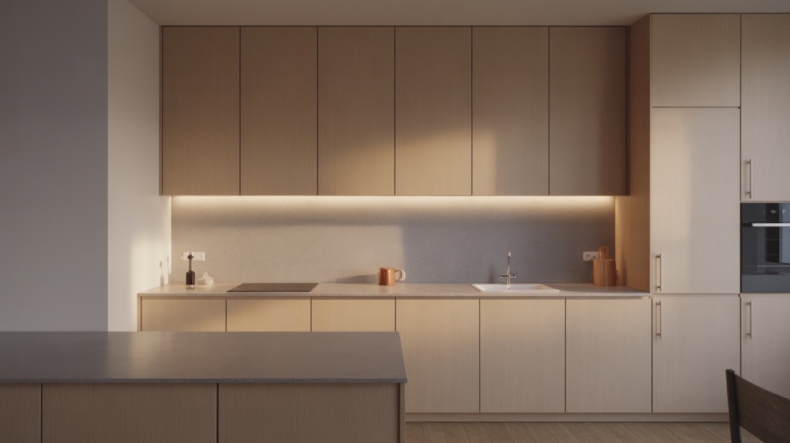 Kitchen where under-cabinet task lighting falls on the worktop while the room stays dim