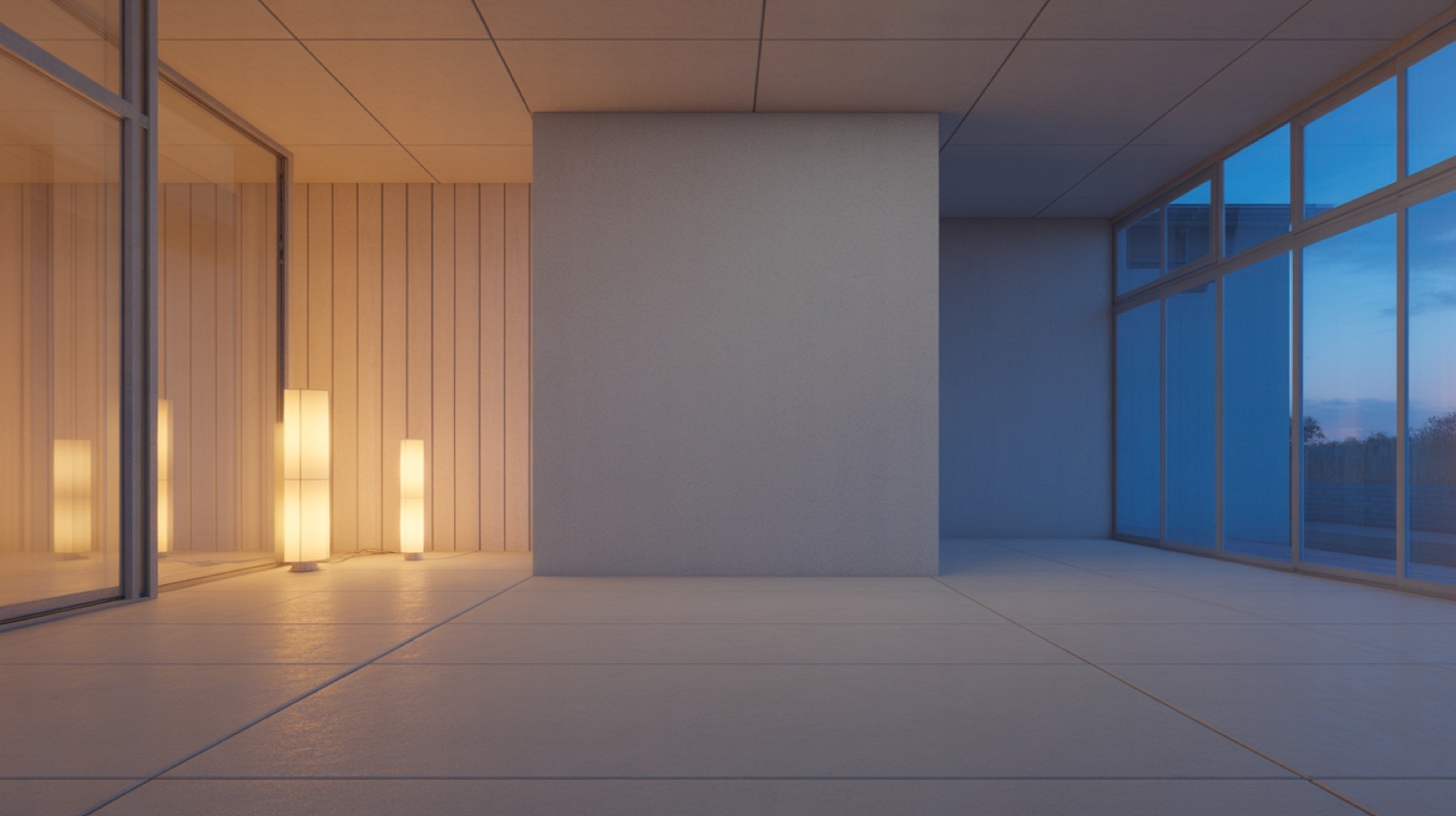 Room at twilight where warm interior lamps contrast with cool blue window light