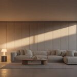 Living room at dusk lit in three layers: ceiling wash, table lamp and a grazing beam