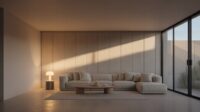 Living room at dusk lit in three layers: ceiling wash, table lamp and a grazing beam