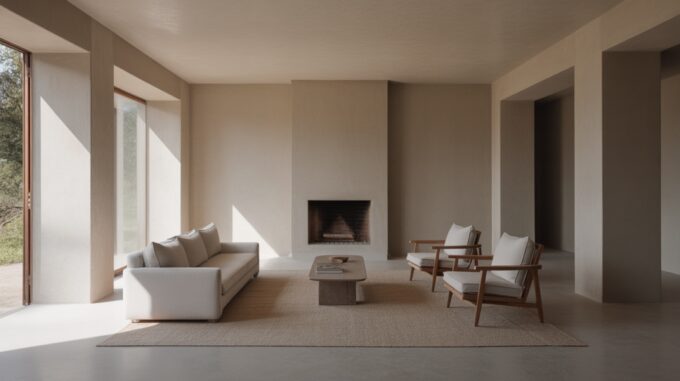 Living room with a sofa and two armchairs arranged around a low table facing a fireplace
