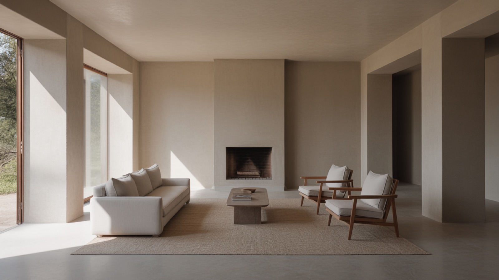 Living room with a sofa and two armchairs arranged around a low table facing a fireplace