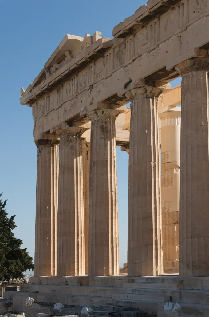The Parthenon on the Acropolis in Athens seen from the east with its Doric columns in sunlight
