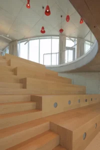 Timber amphitheatre steps inside Production and Office Building Dubrovcan