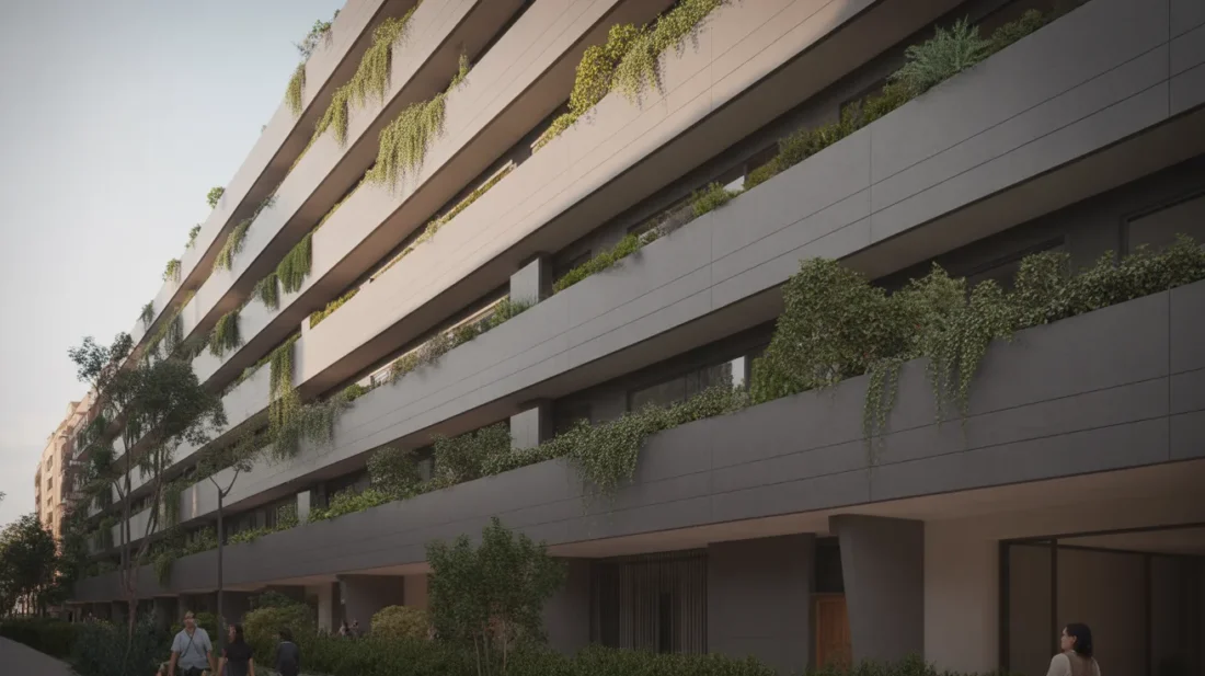 Mid-rise building facade with deep concrete shading fins and planting spilling from stepped balconies in afternoon light