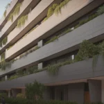 Mid-rise building facade with deep concrete shading fins and planting spilling from stepped balconies in afternoon light