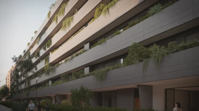 Mid-rise building facade with deep concrete shading fins and planting spilling from stepped balconies in afternoon light