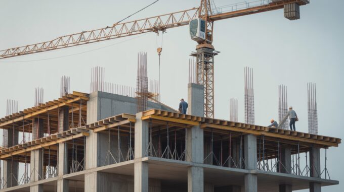 Construction site with a concrete frame rising and several trades working at once