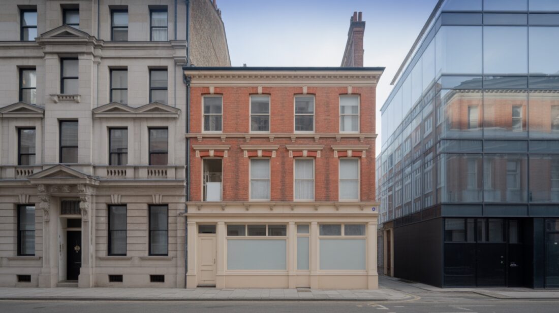 A classical stone facade, a red brick Victorian terrace and a modern glass building side by side
