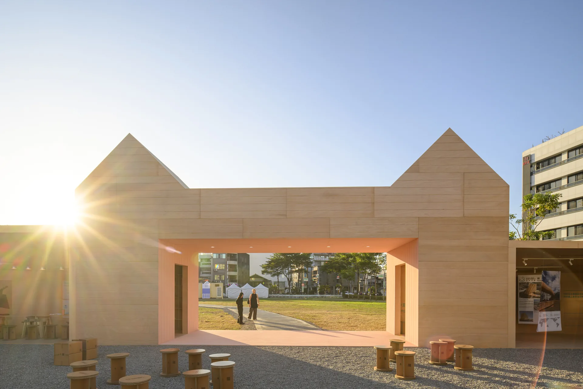 Wooden Wonders by MVRDV against the setting sun in Chiayi City