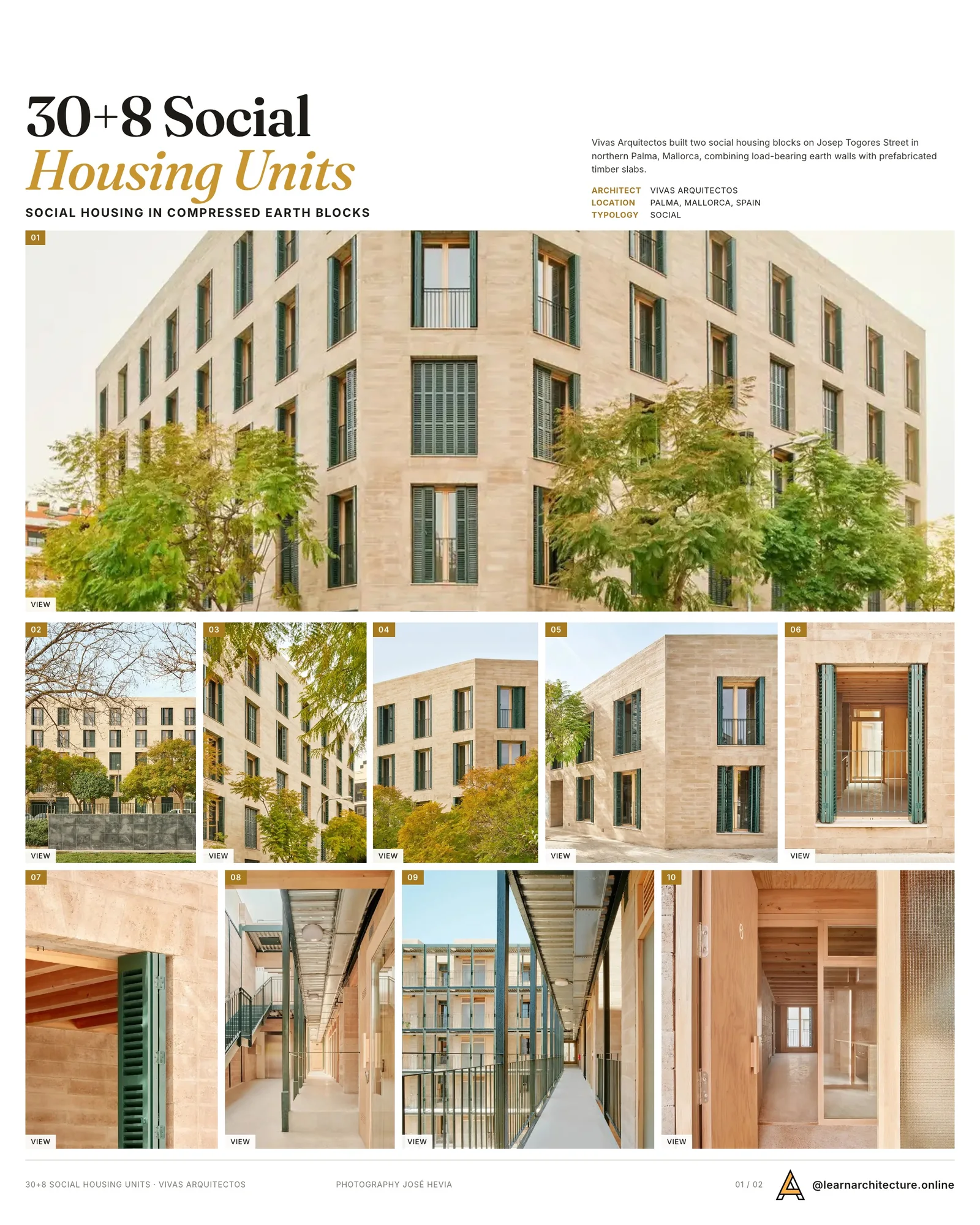 Presentation board cover for 30+8 Social Housing Units on Josep Togores Street by Vivas Arquitectos, with the lead image, project summary and a grid of photographs and drawings