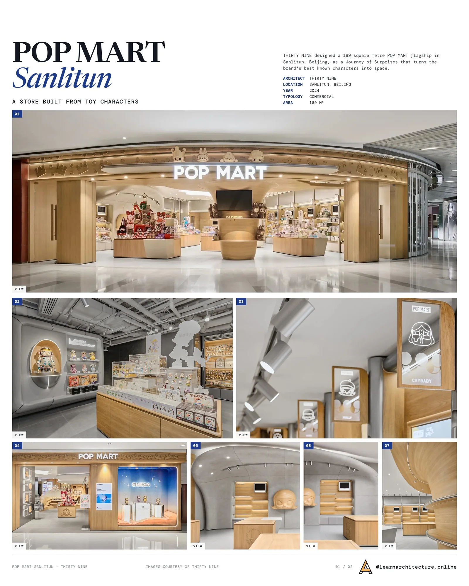 Presentation board cover for 39 THIRTY NINE- POP MART Flagship Store by THIRTY NINE, with the lead image, project summary and a grid of photographs and drawings
