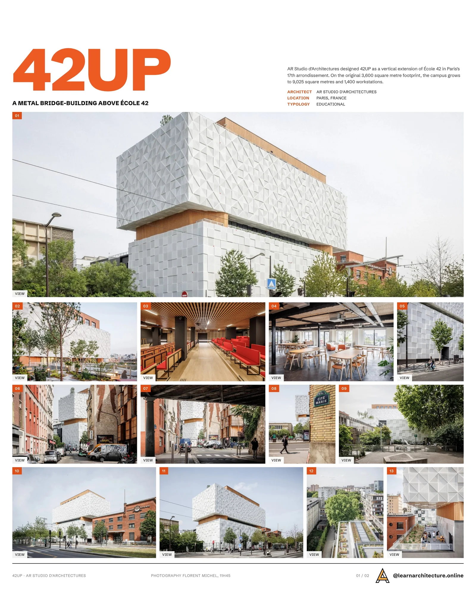 Presentation board cover for 42UP School Extension by AR Studio d'Architectures, with the lead image, project summary and a grid of photographs and drawings
